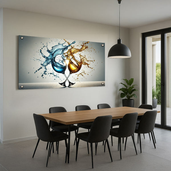 תמונת זכוכית מודרנית עם גביעי יין בצבעי כחול וזהב מתנגשים