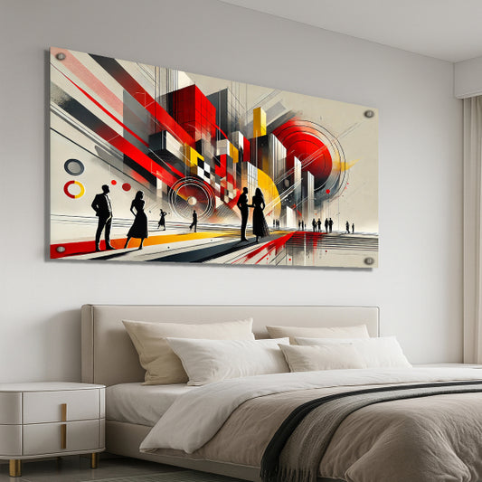 עיצוב עירוני מופשט בצבעי אדום וזהב – הדפסה על זכוכית