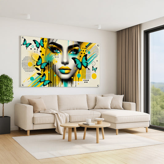 דיוקן נשי צבעוני עם פרפרים בגווני טורקיז וזהב - תמונת זכוכית מודרנית לבית