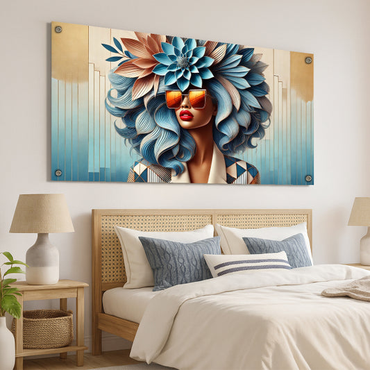 דיוקן נשי אמנותי עם שיער פרחוני בגווני תכלת וזהב - תמונת זכוכית מודרנית לבית