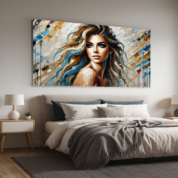 דיוקן אישה מודרנית עם שיער זהוב וטורקיז - הדפסה על זכוכית
