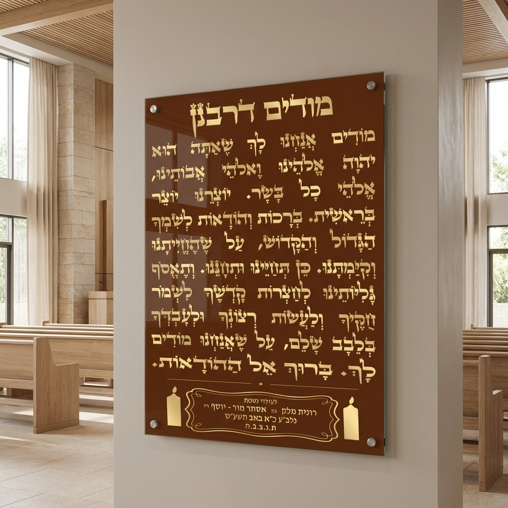 הדפסה על זכוכית - מודים דרבנן באותיות זהב על רקע חום שוקולד תמונות זכוכית לסלון תמונות לבית תמונות קיר הדפסה על זכוכית