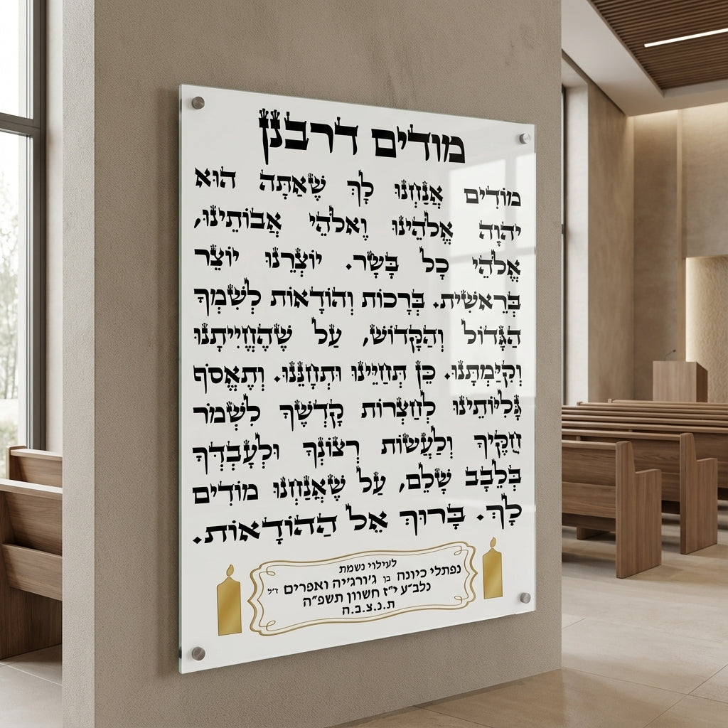 תמונות זכוכית - מודים דרבנן בכתב עברי שחור על רקע לבן עם נגיעות זהב תמונות זכוכית לסלון תמונות לבית תמונות קיר הדפסה על זכוכית