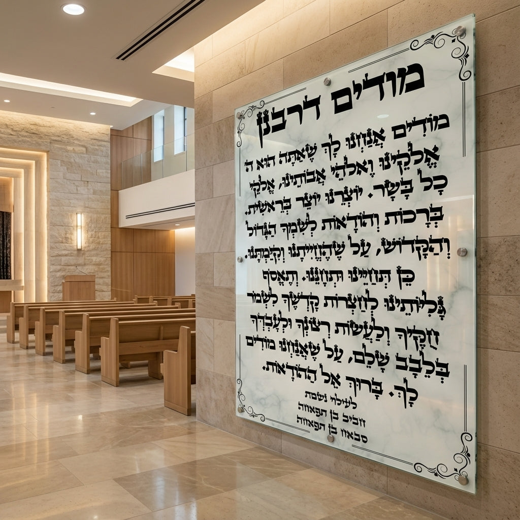 תמונות זכוכית - מודים דרבנן בכתב שחור על רקע שיש לבן עם עיטורי פינות תמונות זכוכית לסלון תמונות לבית תמונות קיר הדפסה על זכוכית