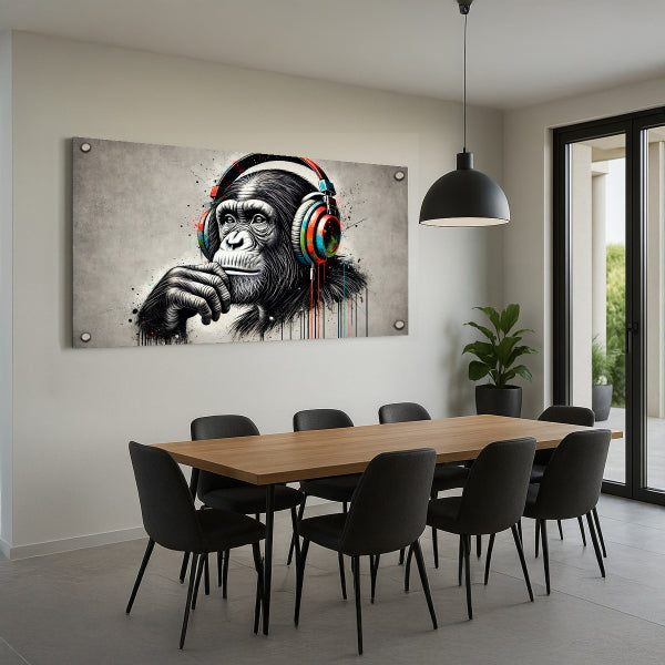 תמונת זכוכית של שימפנזה עם אוזניות צבעוניות בעיצוב מודרני