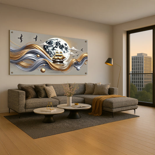 ספינת מפרש זהובה שטה מול ירח מלא – תמונות זכוכית אמנותיות