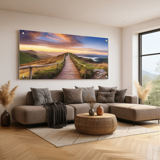 שביל הרים בשקיעה זהובה – תמונות זכוכית לבית