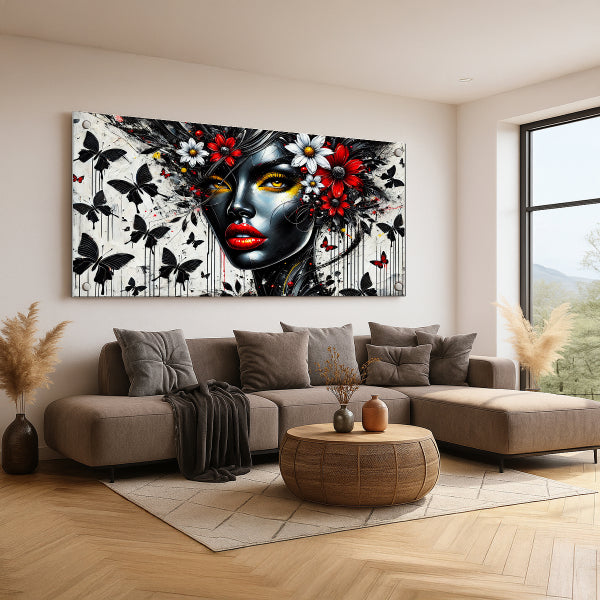 דיוקן נשי מסתורי עם פרחים ופרפרים - תמונות זכוכית לבית