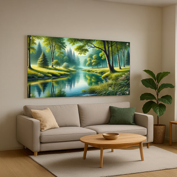 תמונות טבע לבית - אגם רגוע ועצים ירוקים באור בוקר