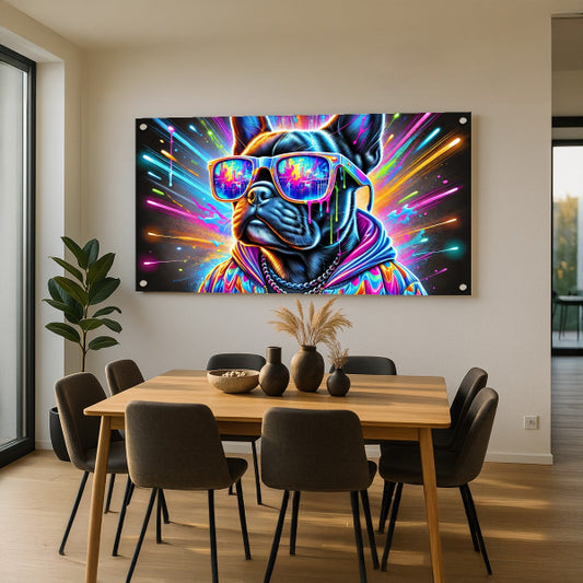 תמונת זכוכית של בולדוג ניאון צבעוני עם משקפי שמש - עיצוב מודרני לבית