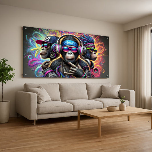 תמונת זכוכית של שלישיית קופים אורבניים בצבעי ניאון עם אוזניות וכובעים