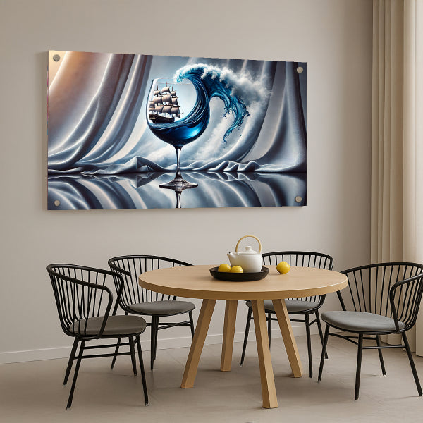 הדפסה על זכוכית ספינה בגל כחול בתוך כוס יין