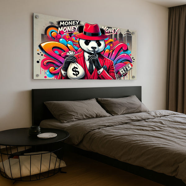 תמונת זכוכית של פנדה בחליפה אדומה עם שקית כסף בסגנון גרפיטי צבעוני