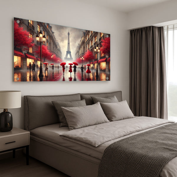 תמונת זכוכית של פריז בגשם עם מטריות אדומות ומגדל אייפל ברקע