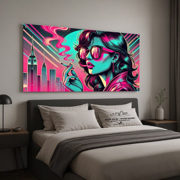 תמונת פופ ארט צבעונית של אישה עם משקפי שמש ועיר מודרנית – תמונות זכוכית