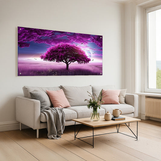 עץ סגול קסום בשדה סגול – תמונות זכוכית לבית