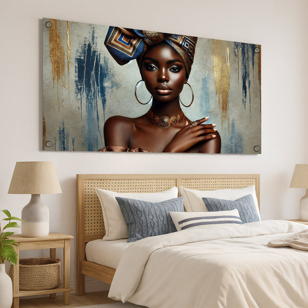 דיוקן נשי אצילי בגווני זהב וכחול מלכותי - תמונת זכוכית בעיצוב יוקרתי לבית