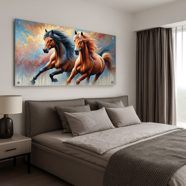 זוג סוסים דוהרים בצבעים חמים - תמונות לבית