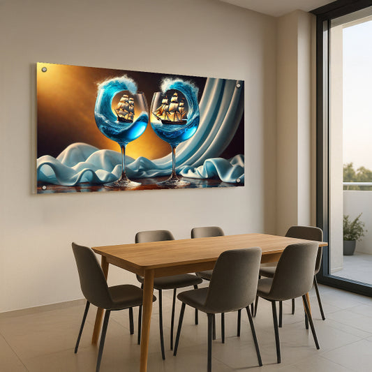 תמונה דקורטיבית על זכוכית של ספינות בכוסות יין וגלים כחולים