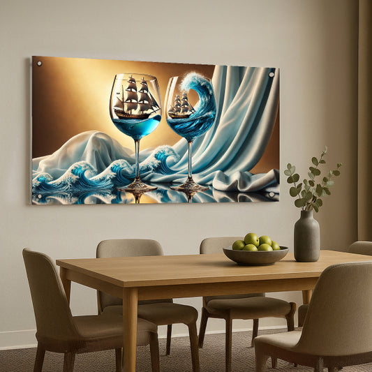 תמונת זכוכית ספינות בגלים בתוך כוסות יין