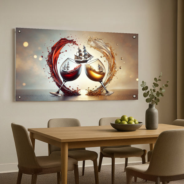 תמונת זכוכית ספינות בכוסות יין אדום וזהב