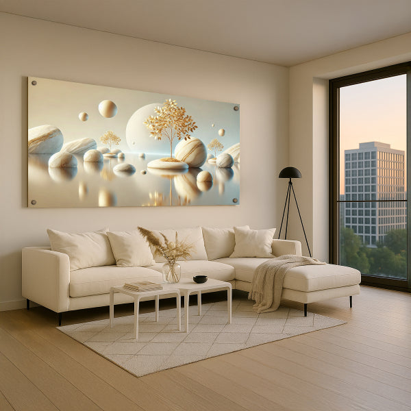 נוף רגוע בכסף וזהב – הדפסה על זכוכית