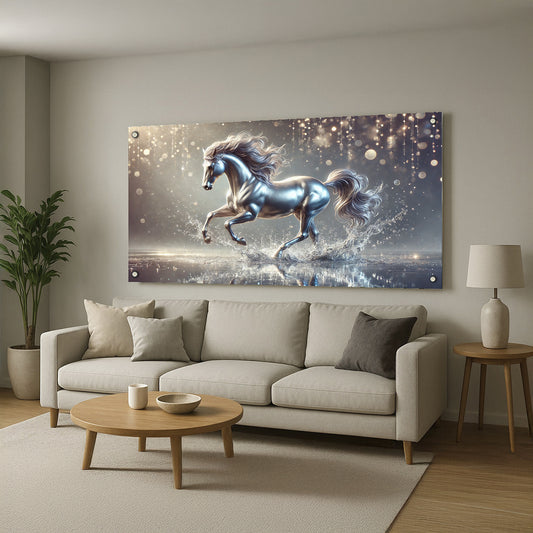 סוס כסוף דוהר באור נוצץ – יצירה אלגנטית ומרשימה לעיצוב הבית