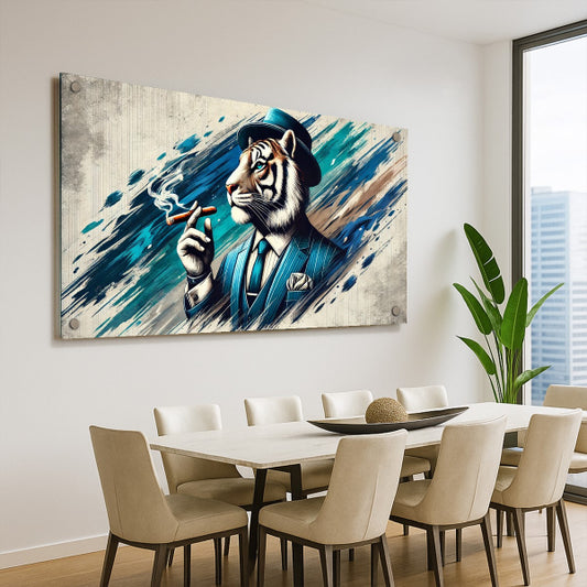 תמונת זכוכית של טיגריס בחליפה עם סיגר בעיצוב יוקרתי לסלון