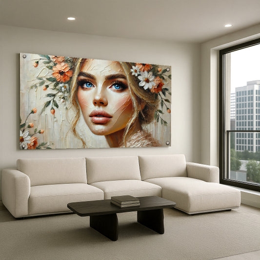 דיוקן נשי עדין עם פרחי אביב כתומים ולבנים - תמונת זכוכית מעוצבת לבית