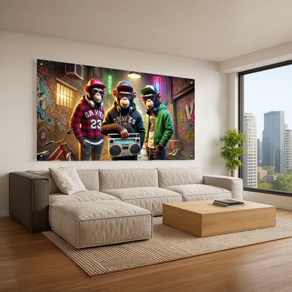 תמונת זכוכית של שלישיית קופים עם רדיו גרפיטי בסמטת רחוב צבעונית