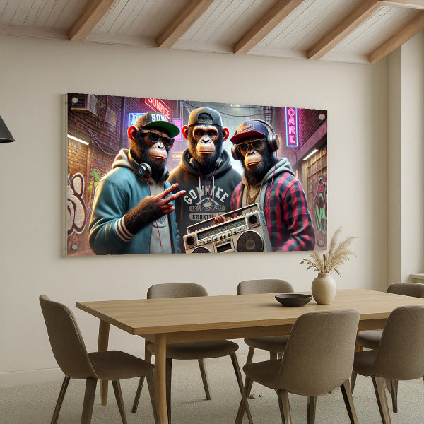 קופים היפ-הופ ברחוב צבעוני – הדפסה על זכוכית