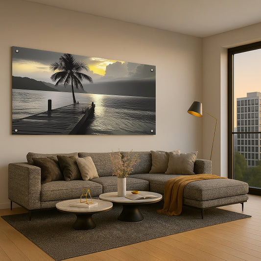 מזח עץ בשקיעה עם עץ דקל – תמונות זכוכית לבית