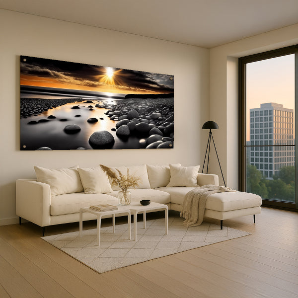 אבנים על חוף ים בזמן שקיעה – תמונות זכוכית יוקרתיות