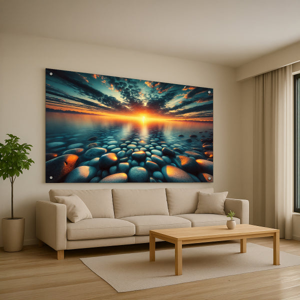 תמונת זכוכית של שקיעה מרהיבה מעל אבני חוף צבעוניות – תמונות לבית ולסלון
