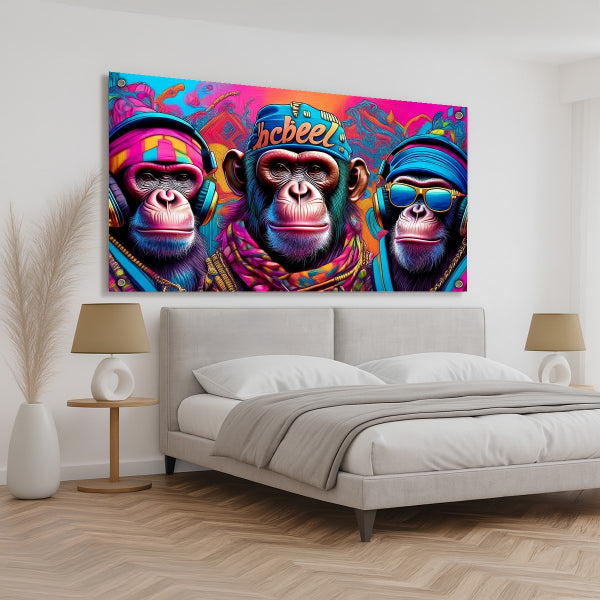 תמונת זכוכית של שלושת הקופים בסגנון צבעוני ואורבני – עיצוב מודרני מלא חיים