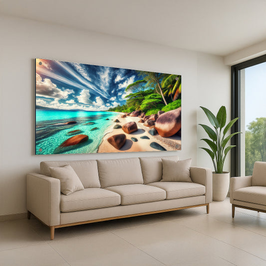 חוף טרופי עם סלעים ועצי דקל – תמונות זכוכית לבית