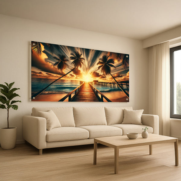 שביל עץ אל השקיעה בין עצי דקל על חוף ים – תמונות זכוכית טרופיות