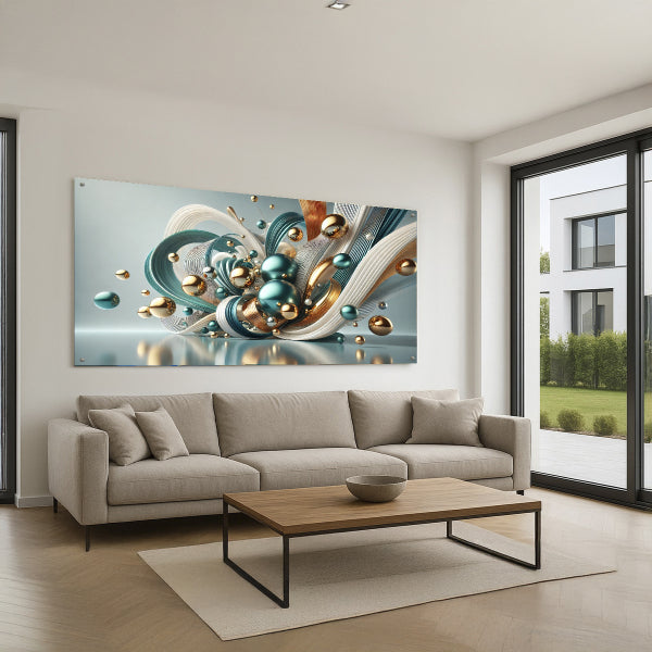 תמונת זכוכית תכלת וזהב בעיצוב מודרני