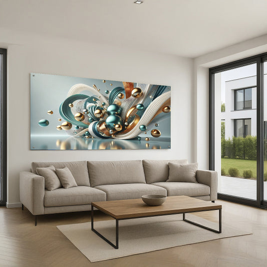 תמונת זכוכית תכלת וזהב בעיצוב מודרני