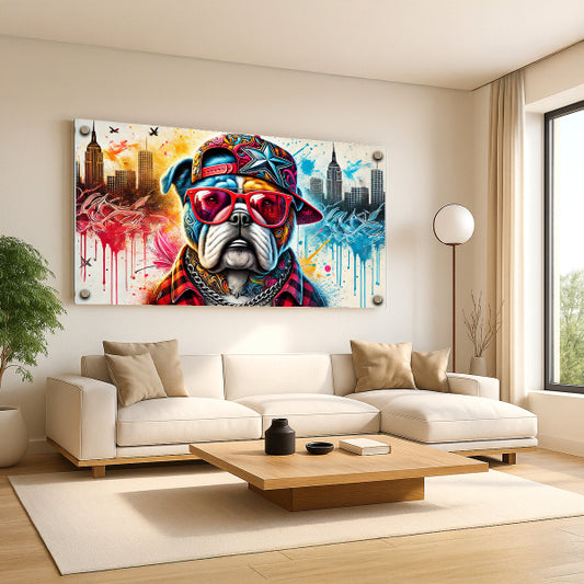 בולדוג גרפיטי צבעוני בזכוכית – תמונות לבית