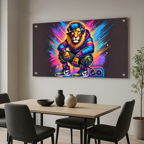 תמונת זכוכית של אריה אורבני צבעוני עם גרפיטי ורדיו נייד