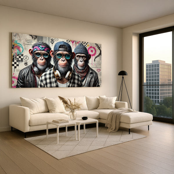 תמונת זכוכית של שלושה קופים בלבוש רחוב אורבני על רקע גרפיטי צבעוני