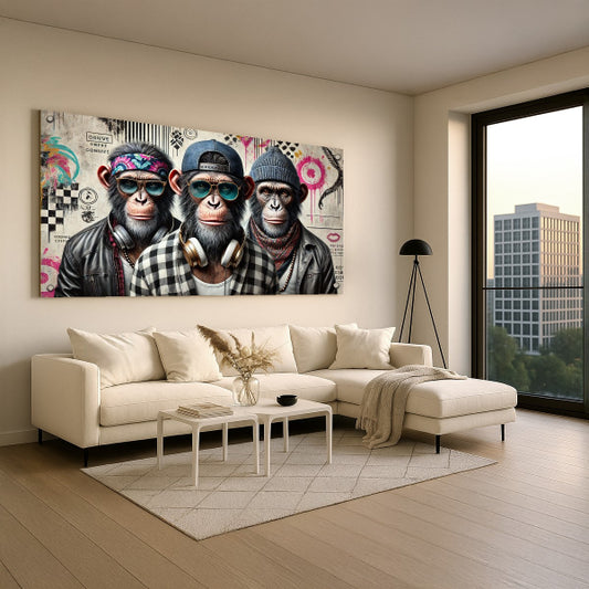 תמונת זכוכית של שלושה קופים בלבוש רחוב אורבני על רקע גרפיטי צבעוני