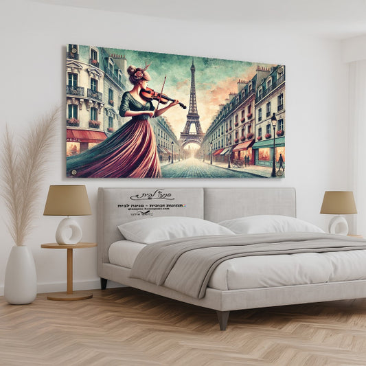 תמונת זכוכית של נגנית כינור בפריז עם מגדל אייפל ברקע