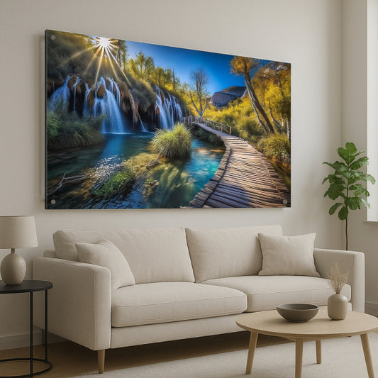 שביל עץ לצד מפלים באור זריחה – תמונות זכוכית