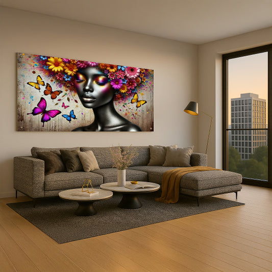 דיוקן נשי עם פרחים ופרפרים צבעוניים - תמונות לבית