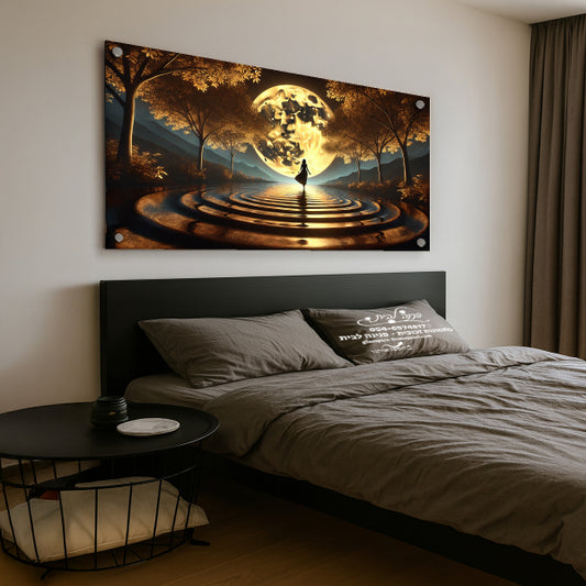 אישה מול ירח זהוב ביער – תמונות זכוכית