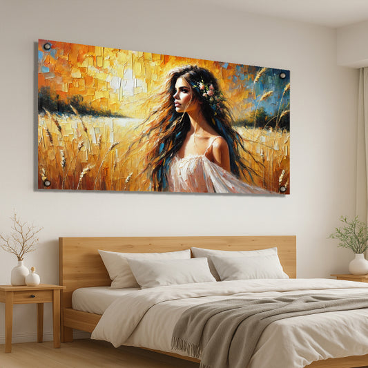 אישה בשדה חיטה בשקיעה מוזהבת - תמונת זכוכית יוקרתית לבית או חדר שינה
