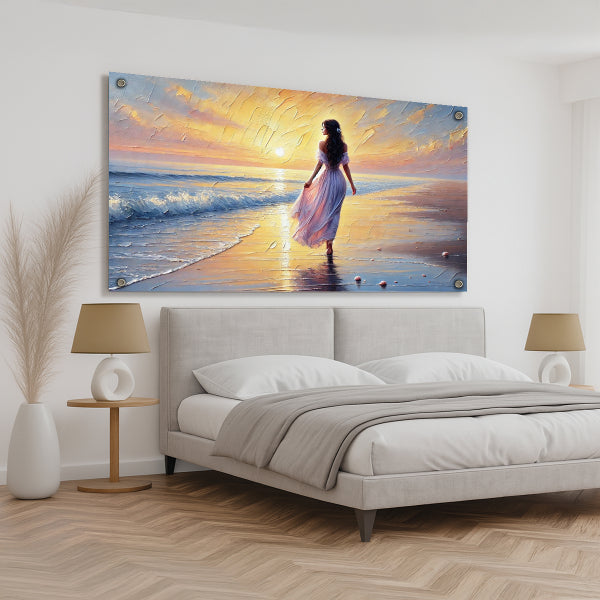 אישה על חוף הים בשקיעה – הדפסה על זכוכית