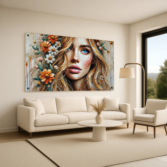 דיוקן נשי עם פרחי שדה בגוונים חמימים - תמונת זכוכית בעיצוב טבעי ועדין